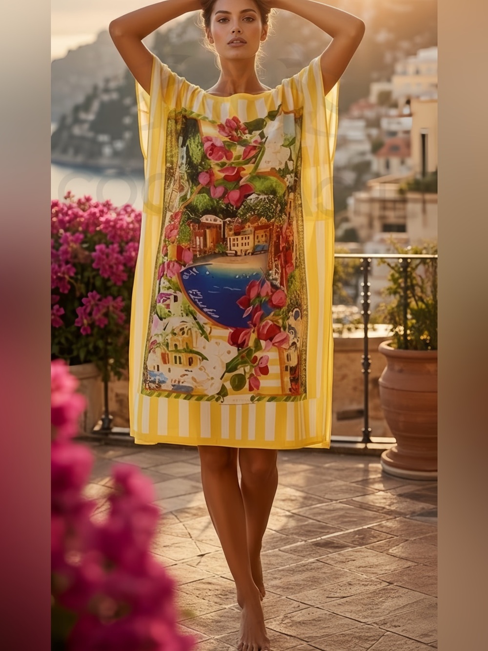 Portofino Riviera Tropical Pattern Oversized Casual Midi Dress - Picture 6 of 17